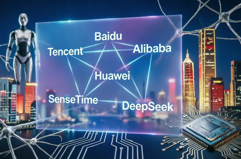 Стилизованные буквы AI на фоне цифровой сети