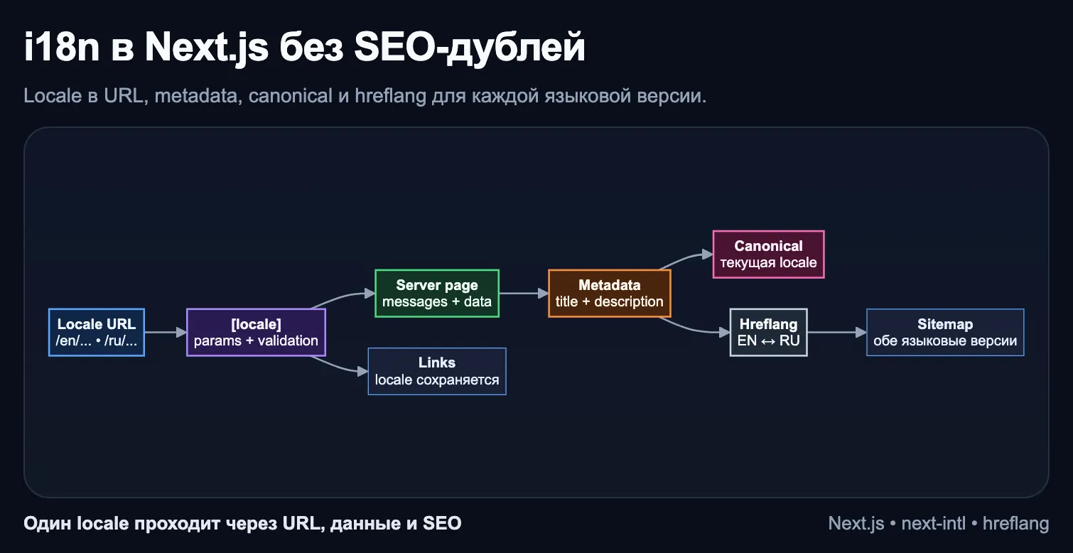 Схема прохождения значения locale через маршрут, серверные компоненты, данные, ссылки и metadata в Next.js App Router