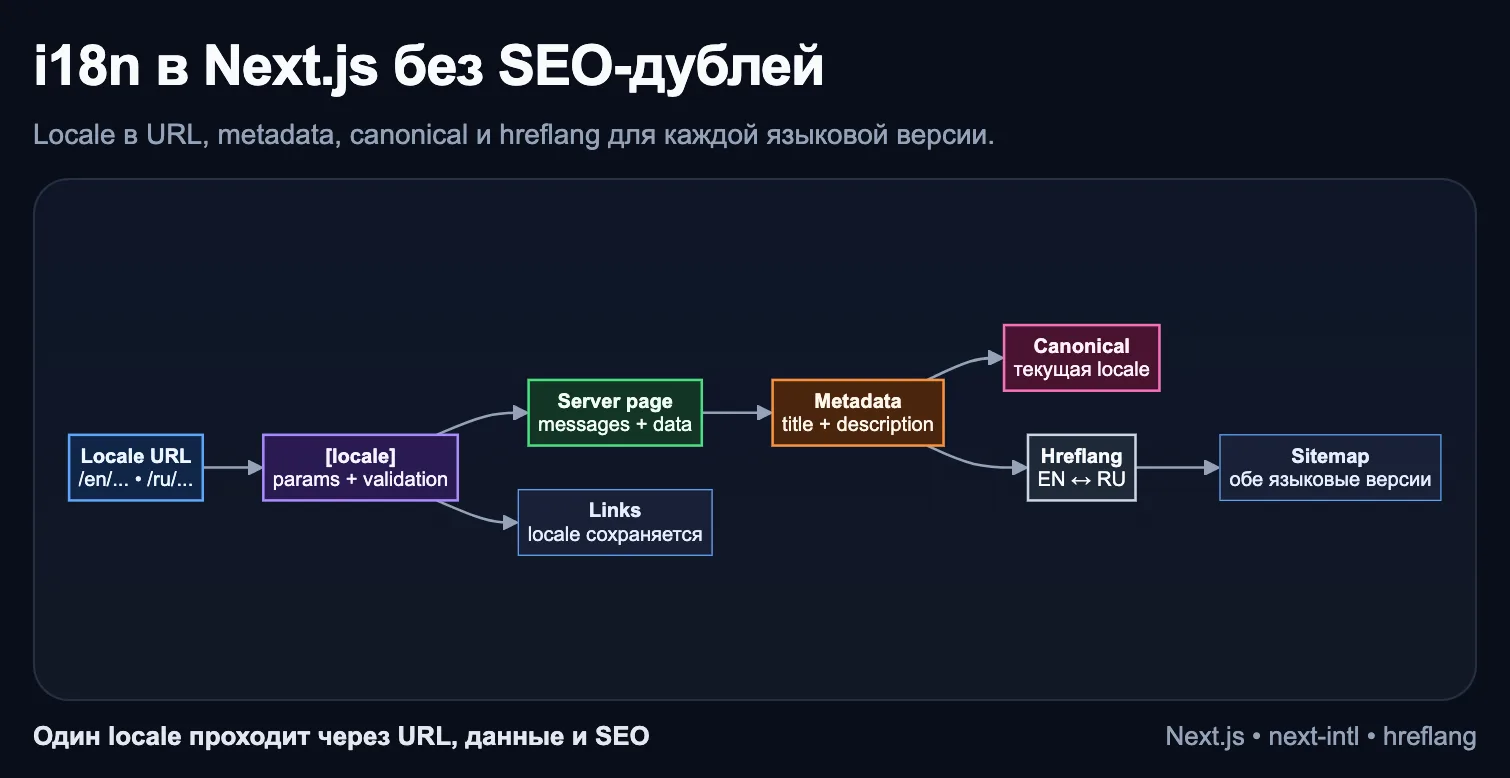 Схема прохождения значения locale через маршрут, серверные компоненты, данные, ссылки и metadata в Next.js App Router